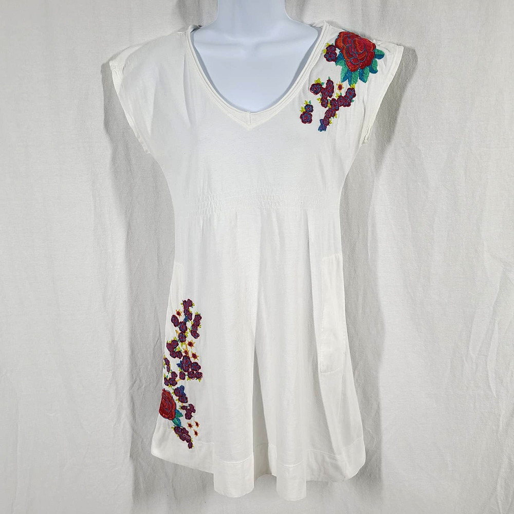 JW Los Angeles Empire Tunic Mini Dress Embroidered Jersey VNeck White XSmall